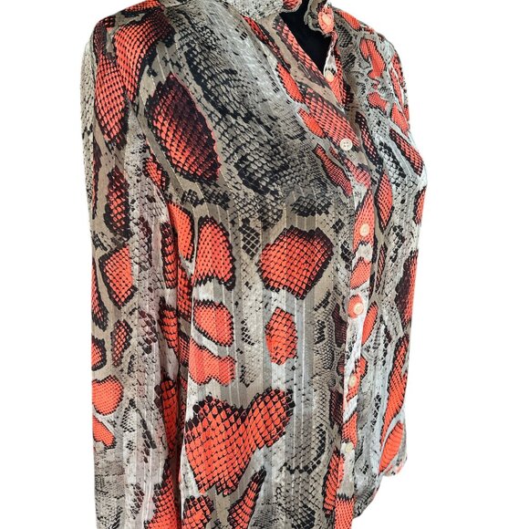O c Small Orange Snakeskin Shimmery Sheer Long Sleeve Button Blouse - Picture 6 of 8